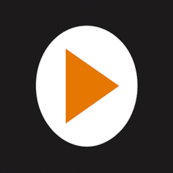 Icône play orange au centre d’un cercle blanc sur fond noir, utilisée pour représenter le streaming vidéo sur frenchstream.stream